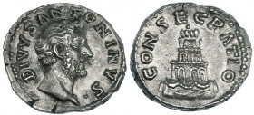 ANTONINO PÍO. (Bajo Marco Aurelio) Denario. Roma. A/ DIVVS ANTONINVS. R/ Pira funeraria; CONSECRATIO. RIC-436. EBC-/EBC.