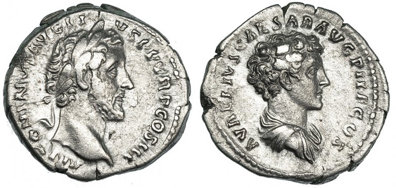 ANTONINO PÍO. Con Marco Aurelio. Denario. Roma (141). A/ Cabeza de Antonino Pío ...