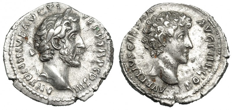 ANTONINO PÍO. Con Marco Aurelio. Denario. Roma (141). A/ Cabeza de Antonino Pío ...