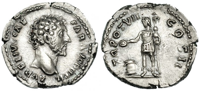 MARCO AURELIO. Denario. Roma (152-153). R/ Genius Exercitus a izq. con pátera y ...