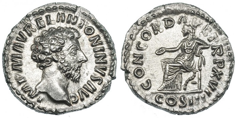 MARCO AURELIO. Denario. Roma (161-162). R/ Concordia entronizada a izq. con páte...