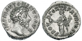 MARCO AURELIO. Denario. Roma (162-163). R/ Providentia a izq. con cornucopia y globo; PROV DEOR. TR. P. XVII. COS. III. RIC-73. EBC.