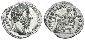MARCO AURELIO. Denario. Roma (168). R/ Aequitas sentada a izq. con cornucopia y balanza; TR. P. XXII. IMP. V. COS. III. RIC-191. EBC+/EBC-.