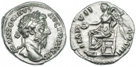 MARCO AURELIO. Denario. Roma (174-175). R/ Victoria sentada a izq. con pátera y palma; IMP. VII COS. III. RIC-312. EBC-/MBC+.