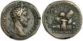 MARCO AURELIO. Sestercio. Roma (176-177). A/ Cabeza laureada a der.; M. ANTONIVS. AVG. GERM. SARM. TR. P. XXXI. R/ Pila de armas; IMP V III COS. III. ...