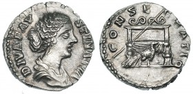 FAUSTINA LA MENOR, (Esposa de Marco Aurelio). Denario. Roma (176-180). A/ DIVA FAVSTINA PIA. R/ Trono con cetro y pavo real; CONSE-CRATIO. RIC-745. EB...