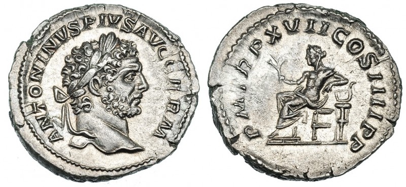 CARACALLA. Denario. Roma (214). R/ Apolo sentado a izq. con rama de olivo y apoy...