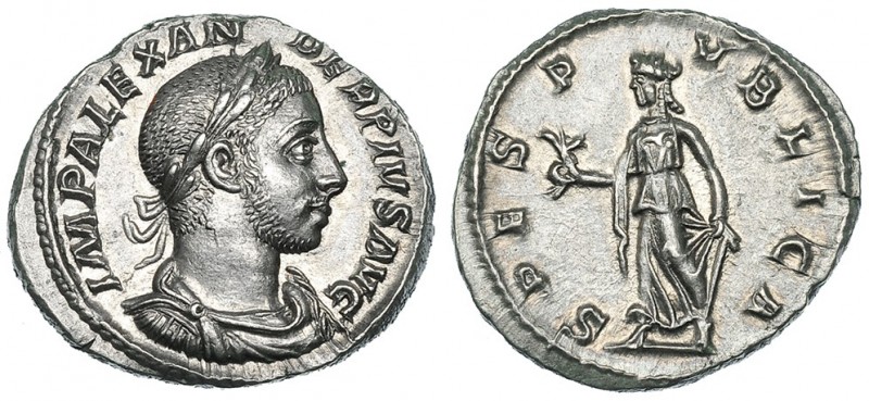 ALEJANDRO SEVERO. Denario. Roma (231-235). R/ Spes a izq. con flor y levantándos...