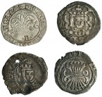 Lote 4 piezas: 2 medios reales de RR. CC. y 2 dieciochenos Valencia 1623 y 1624. BC+/MBC-.