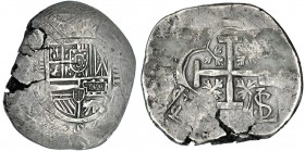 Sobre cospel de plata de 22,92 g, imitación antigua con los tipos de anv. y rev. de 8 escudos y marcas acueducto y VIII. Resellos, falsos, LS en rev. ...