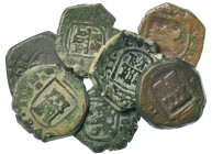Lote 7 monedas de 2 maravedís. Coruña. 1680, 81, 84 (2), 85, 95 y 96. BC-/BC+.