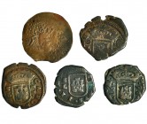 Lote de 5 piezas: 4 monedas de 2 maravedís. Linares. 1639 (2), 1649 y 1696, y 1 cinquena 1686, Ibiza. Muy interesante. BC+/MBC-.