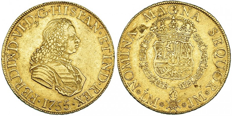 8 escudos. 1755. Lima. JM. VI-587. Pequeñas rebabas en anv. y rayitas en rev. MB...