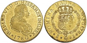 8 escudos. 1760/59. Santiago J. VI-643 vte. Algunas marcas en rev. R.B.O. EBC-. Muy escasa.