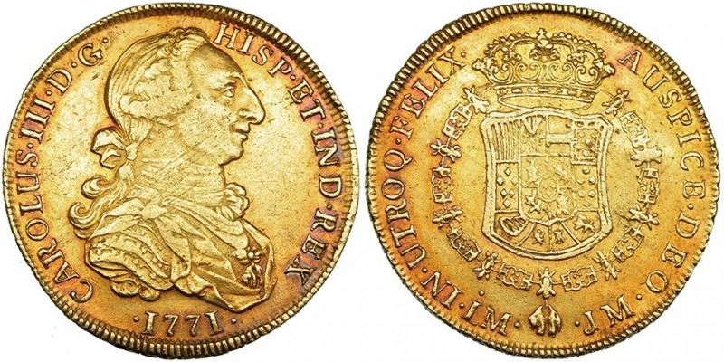 8 escudos. 1771. Lima. JM. VI-1594. Rayitas de ajuste. Pátina rojiza. MBC+. Rara...