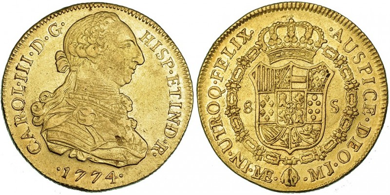 8 escudos. 1774. Lima. MJ. VI-1601. Hojita en anv. R.B.O. MBC+.