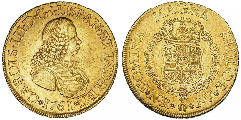 8 escudos. 1761. Nuevo Reino. JV. VI-1669. Golpecito en gráfila del rev. MBC+. R...