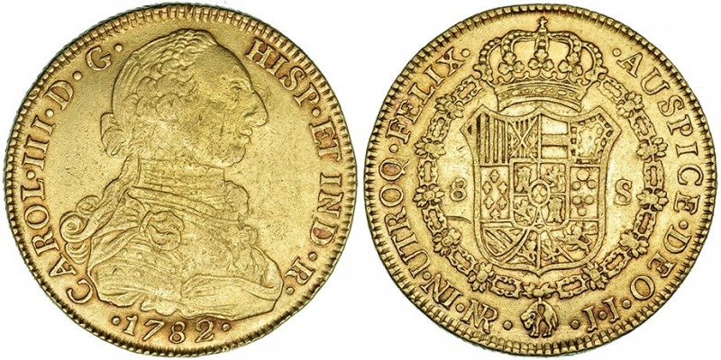 8 escudos. 1782. Nuevo Reino. JJ. VI-1693. Pequeñas marcas y rayita en rev. MBC....