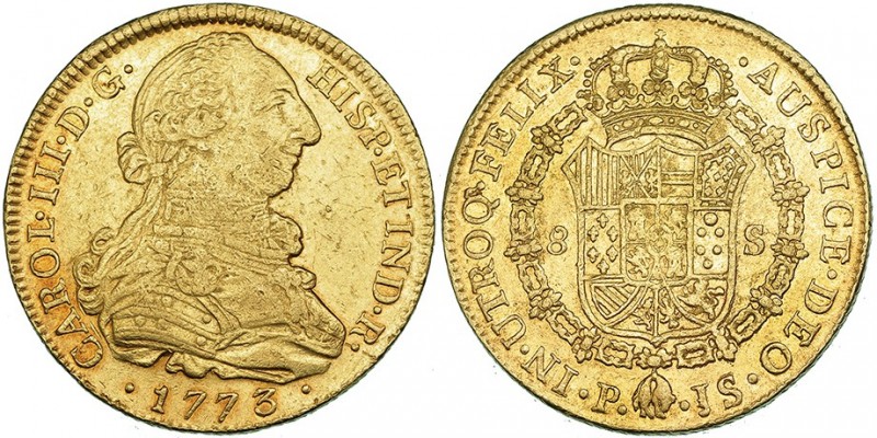 8 escudos. 1773. Popayán. JS. VI-1711. Pequeñas marcas. R.B.O. MBC.