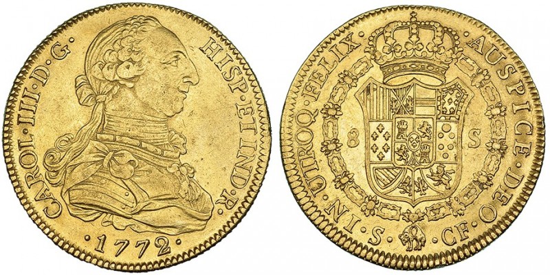 8 escudos. 1772. Sevilla. CF. VI-1779. R.B.O. MBC+/EBC-. Rara.