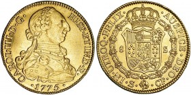 8 escudos. 1775. Sevilla. CF. VI-1772. Limpiada. MBC+/EBC-. Muy escasa.