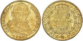 8 escudos. 1784. Sevilla. C. VI-1780. Pequeñas marca. R.B.O. MBC+. Muy rara.