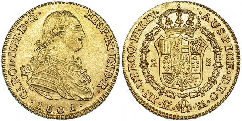 2 escudos. 1801. Madrid. FA. 8 sobre 7 y 0 sobre 9. VI-1052 vte. B.O. EBC.