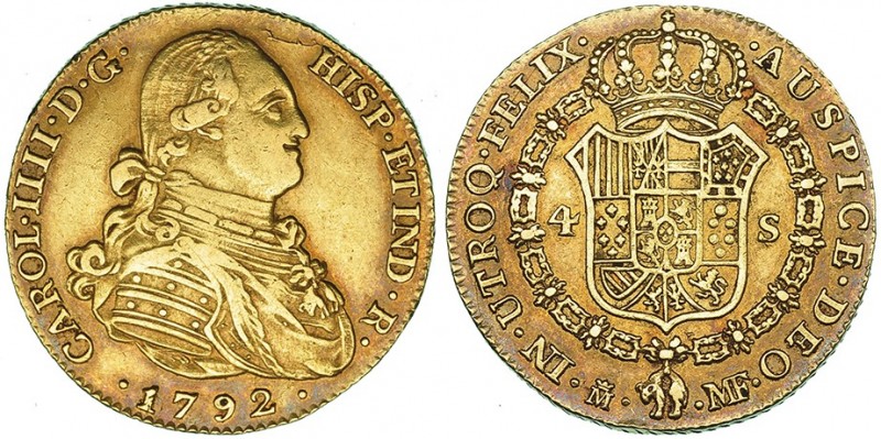 4 escudos. 1792. Madrid. MF. VI-1196. Pequeña rebaba en anv. MBC.