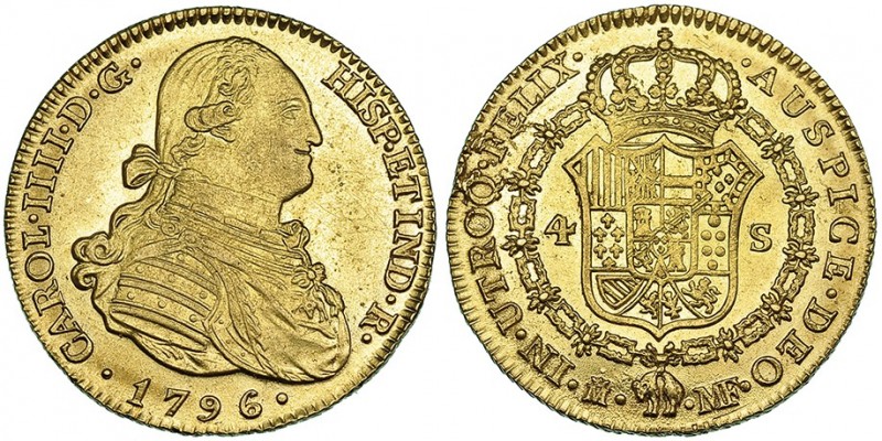 4 escudos. 1796. Madrid. MF. VI-1199. Rayitas de ajuste en rev. B.O. EBC/SC. Esc...