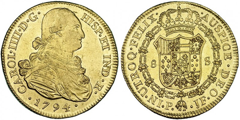 8 escudos. 1794. Popayán. JF. VI-1374. Pequeñas marcas. B.O. EBC.