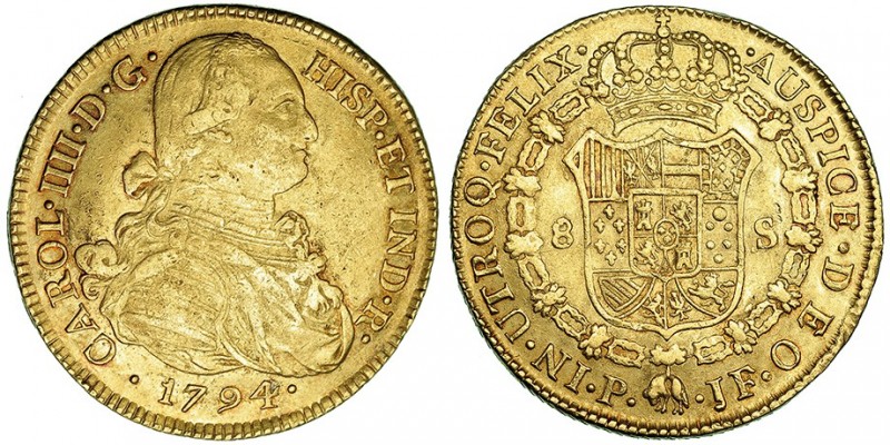 8 escudos. 1794. Popayán. JF. VI-1374. Golpecito en anv. MBC-/MBC.