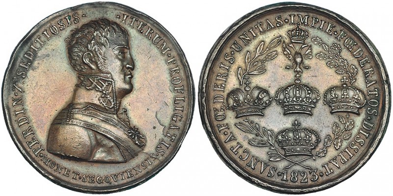 Medalla. 1823. Segovia. Restitución del absolutismo. AE-42 mm. Grabador: B.M. MP...