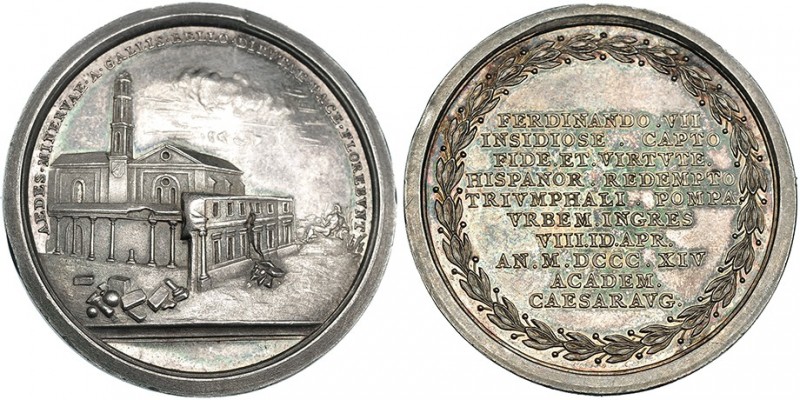 Medalla. 1814. Zaragoza. Restitución al trono. AG-43 mm. MPN-46 vte. B.O. EBC.