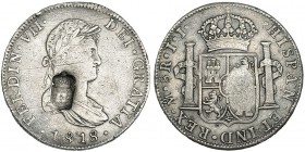 8 reales. 1818. México. JJ. Resello de Portugal para circular como 870 reis (1834). VI-1098 vte. Gomes-29.42. MBC.