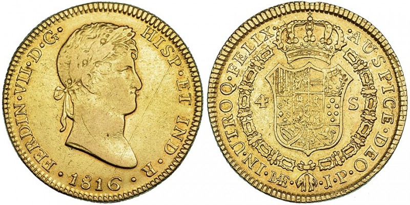 4 escudos. 1816. Lima. JP. VI-1414. 2 rayitas en anv. y acuñación floja en rev. ...