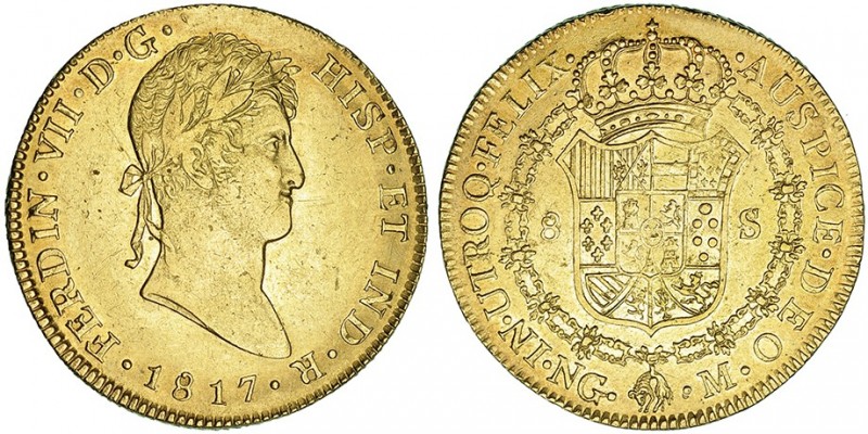 8 escudos. 1817. Guatemala. M. VI-1457. Pequeñas marcas. R.B.O. EBC-. Rara. La c...