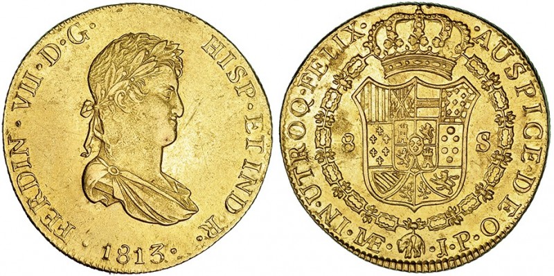 8 escudos. 1813. Lima. JP. VI-1465. Rayita en anv. y pequeñas marcas. MBC+/EBC-....