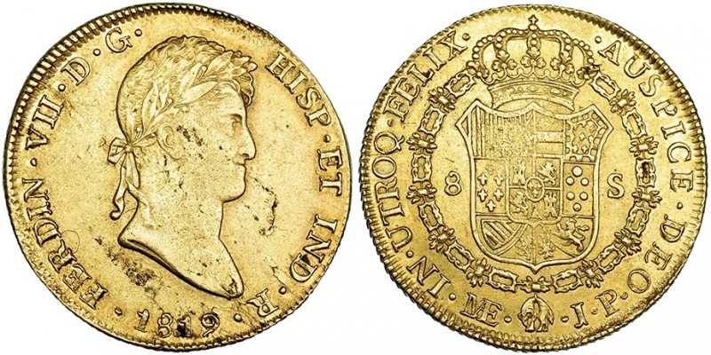 8 escudos. 1819. Lima. JP. VI-1471. Hojas en anv. MBC.