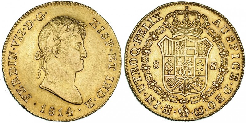 8 escudos. 1814. Madrid. GJ. VI-1474. Golpecito en gráfila. MBC+. Rara.