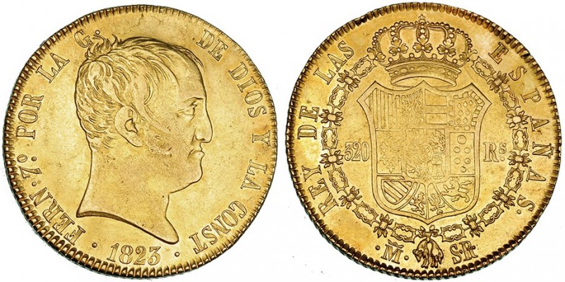 320 reales. 1823. Madrid. SR. VI-1480. Golpecito y muesca en canto. Acuñación fl...