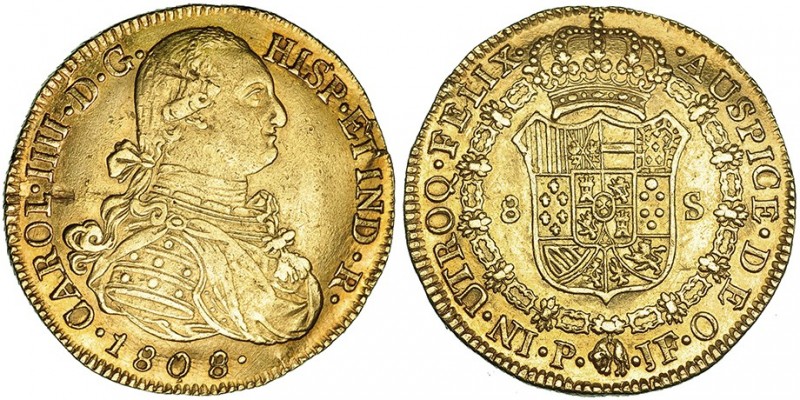 8 escudos. 1808. Popayán. JF. VI-1510. Hojitas en anv. MBC+.