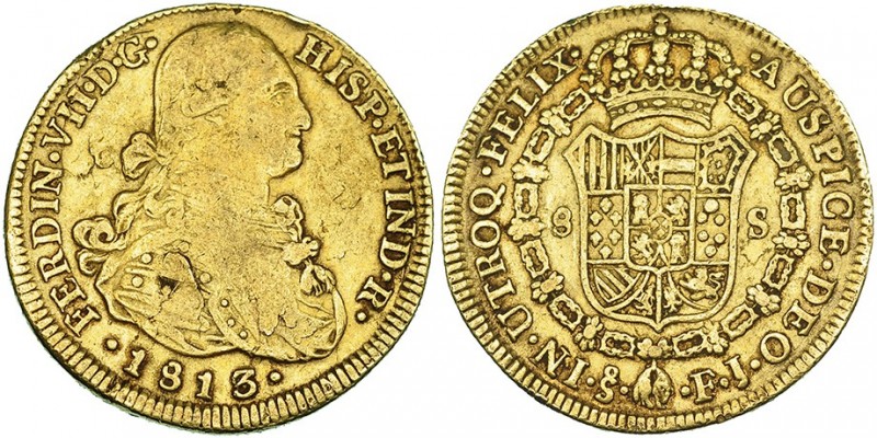 8 escudos. 1813. Santiago. FJ. VI-1539. Hojas en anv. y golpe en canto. MBC-.