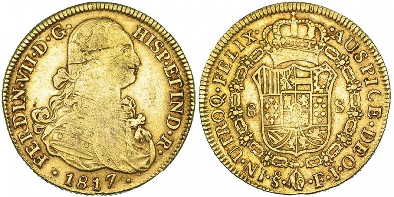 8 escudos. 1817. Santiago. FJ. VI-1543. Hoja en anv. y rayitas de ajuste en rev....