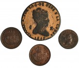 Lote de 4 cobres Segovia: 8 mrs. 1842 falsa de época, 1 mr. 1842, 1/2 décima de real (2: 1852 y 53). De BC+ a EBC-.