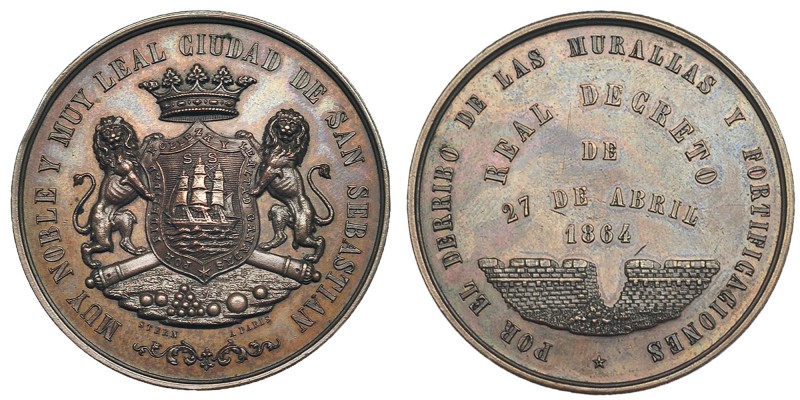 Medalla. Derribo de las murallas de San Sebastián. 1864. AE 47 mm. Grabador: Ste...