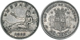 20 céntimos. 1869 *6-9. Madrid. SNM. VII-8. Pátina gris. SC. Muy rara. La pieza de 20 céntimos de peseta era la menor moneda de plata contemplada dent...