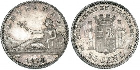 20 céntimos. 1870 *7-0. Madrid. SNM. VII-9. Ligera pátina irregular. EBC+/SC. Rara.