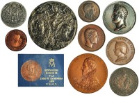 Lote de 7 medallas en cobre de Fernando VII a Alfonso XIII: Constitución 1820, Exposición Agricultura 1857, Exposición Sevilla 1858, Exposisión Viníco...