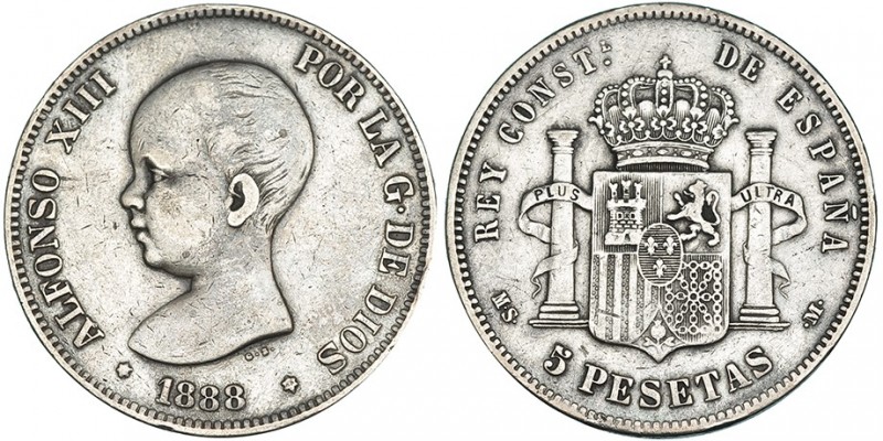 5 pesetas. 1888 * 1(-)-88. Madrid. MSM. Pequeñas marcas. MBC-. Rara.