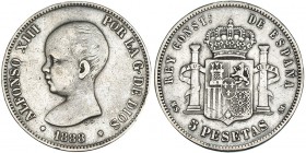 5 pesetas. 1888 * 1(-)-88. Madrid. MSM. Pequeñas marcas. MBC-. Rara.